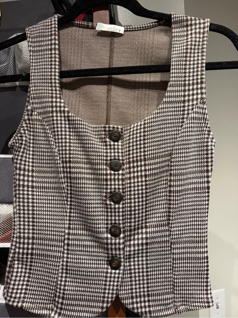 Zara Houndstooth Button Front Vest Tank - Brown & White